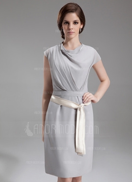 Column Cowl Neck Knee-Length Chiffon Charmeuse Kate Middleton Style With Ruffle Sash