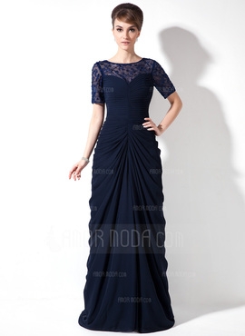 Column Scoop Neck Sweep Train Chiffon Lace Mother of the Bride Dress With Ruffle Beading Sequins