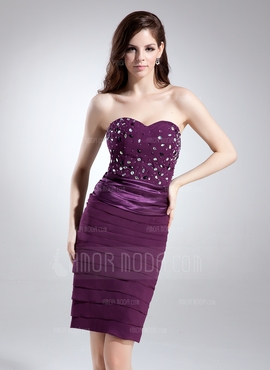 Column Sweetheart Knee-Length Chiffon Charmeuse Cocktail Dress With Ruffle Beading
