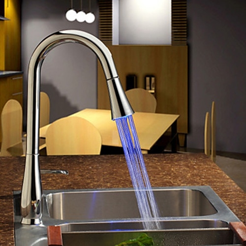 Contemporary Pull Down Kitchen Faucet with Color Changing LED Light-- FaucetSuperDeal.com