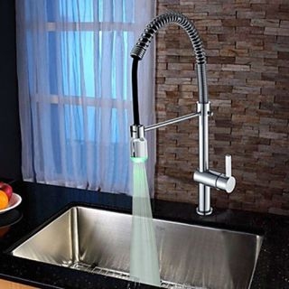 Contemporary Solid Brass Kitchen Faucet with Color Changing LED Light - Chrome Finish-- FaucetSuperD
