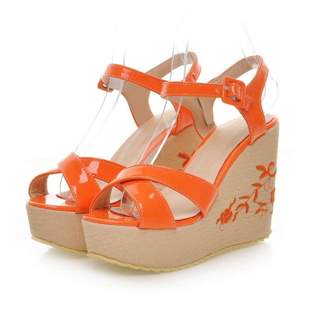 Cool Orange PU Upper Wedge Heels Rubber Sole Women Sandals