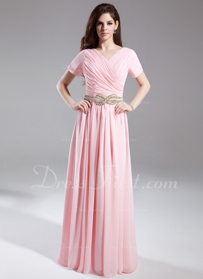 Corte A/Princesa Escote en V Vestido Chifón Vestido de festivo con Volantes Abalorios