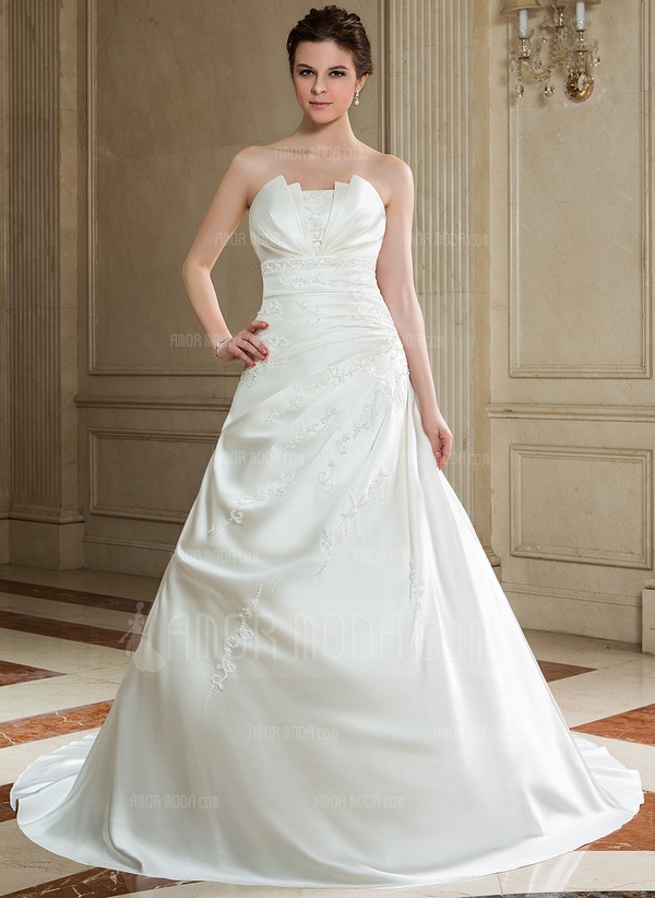 Corte-A-Princesa-Escote-Ondulado-La-Capilla-De-Tren-Saten-Vestido-De-Novia-Co