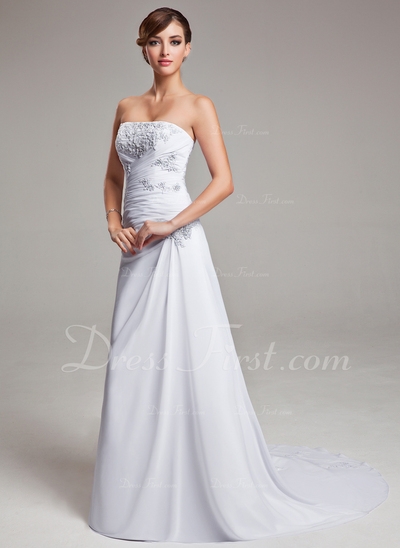 Corte A/Princesa Estrapless Barrer de tren Gasa Vestido de novia con Volantes Cordón (002004166) 