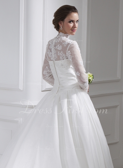 Corte de baile Escote Alto La capilla de tren Organdí Vestido de novia con Volantes Cordón Bordado - Image 2