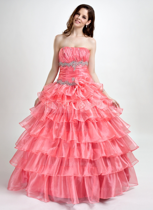 Corte de baile Estrapless Vestido Organdí Vestido de quinceañera con Encaje Bordado Cascada de volan