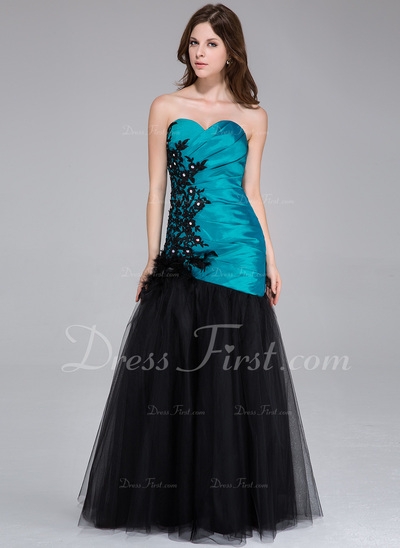 Corte sirena Escote corazón Vestido Tafetán Tul Vestido de baile de promoción con Volantes Cordón Ab