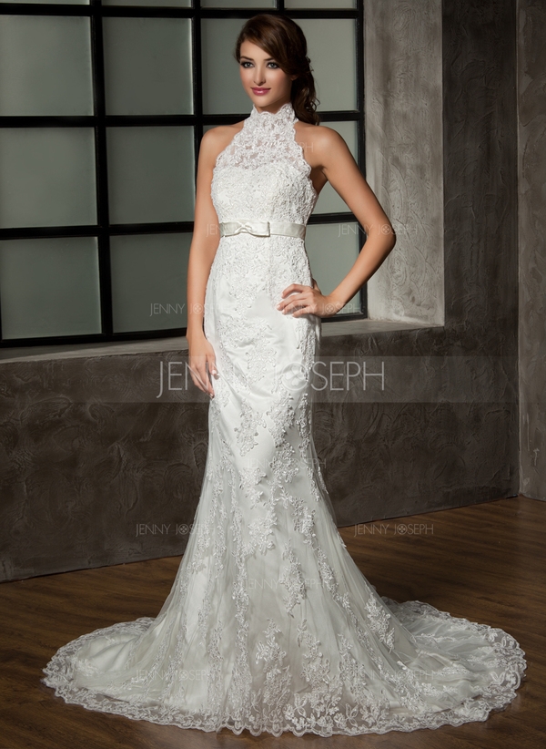 Corte trompeta/sirena Cabestro Cola capilla Satén Tul Vestido de novia con Encaje Lazo