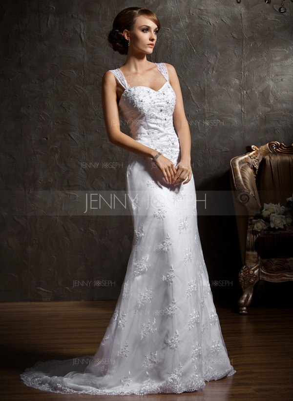 Corte trompeta/sirena Escote corazón Cola capilla Satén Encaje Vestido de novia con Bordado 