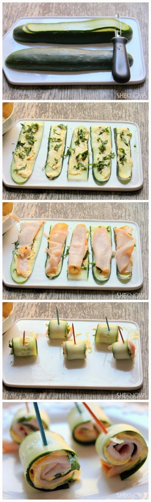 Cucumber roll-ups with hummus & turkey