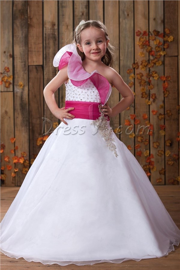 Cute A-line Floral One-shoulder Floor-length Beaded Flower Girl Dresses 