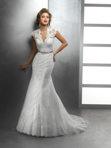 Cute Trumpet Mermaid V Neck Lace Ivory Brush Train Wedding Dress 