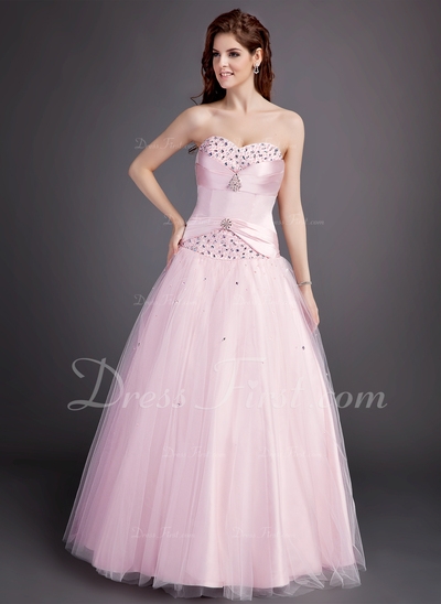 De baile Coração Chá comprimento Cetim Tule Vestido quinceanera com Pregueado Bordado (021004599)