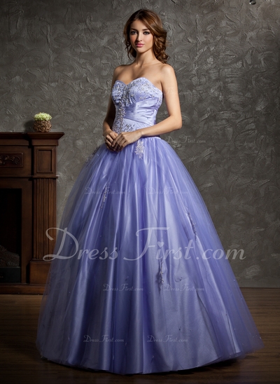 De baile Coração Chá comprimento Cetim Tule Vestido quinceanera com Renda Bordado (021004601)