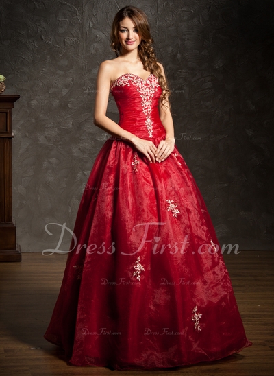 De baile Coração Chá comprimento Organza de Vestido quinceanera com Bordados Pregueado Bordado (0210