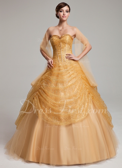 De baile Coração Chá comprimento Tule Lantejoulas Vestido quinceanera com Pregueado (021004561)