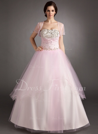 De baile Sem Alças Chá comprimento Cetim Tule Vestido quinceanera com Pregueado Bordado Lantejoulas 