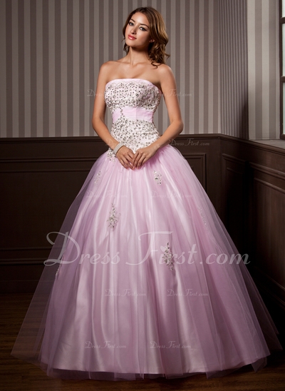 De baile Sem Alças Chá comprimento Cetim Tule Vestido quinceanera com Pregueado Bordado Lantejoulas 