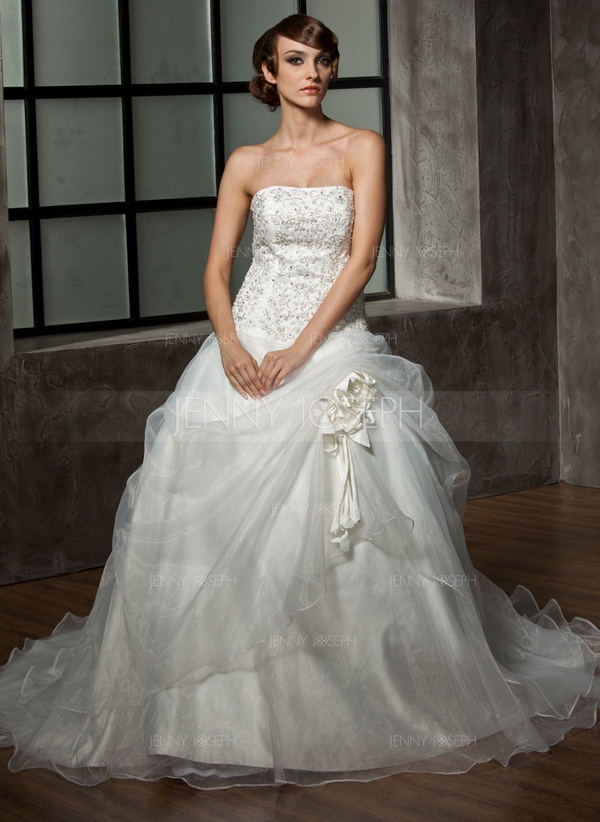 De baile Sem Alças Trem da capela Organza de Cetim Vestido de noiva com Bordados Bordado fecho de co