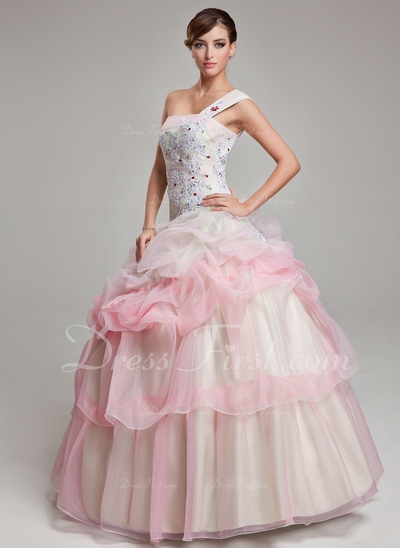 De baile Um ombro Chá comprimento Organza de Vestido quinceanera com Pregueado Renda Bordado (021004