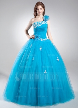 De baile Um ombro Chá comprimento Tule Vestido quinceanera com Renda Bordado fecho de correr Lantejo