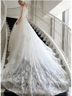 Delicate Off-The-Shoulder Half Sleeves Lace Cathedral Train Wedding Dress