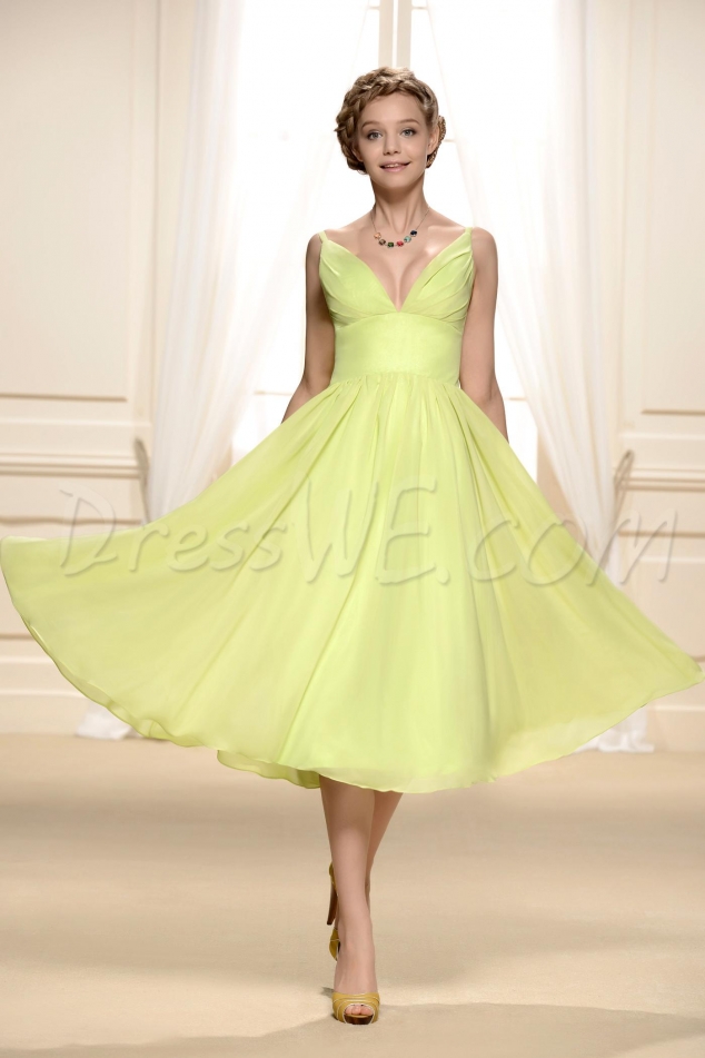 Designer Draped Knee-Length V-Neck Bridesmaid Dress
