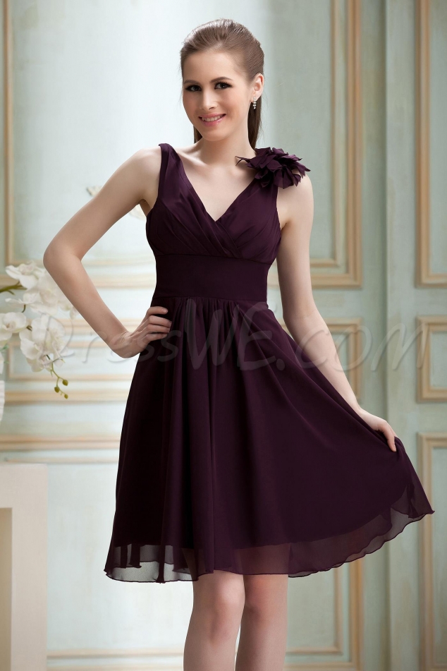 Designer Ruched Flower A-Line V-Neck Knee-Length Nadya's Bridesmaid Dress