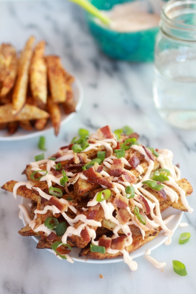 Double-Baked Fries with Garlic Cheese Sauce and Bacon