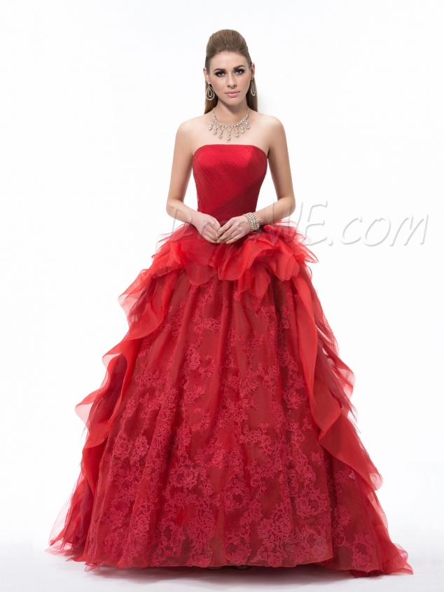 Dramatic Strapless Lace Ruched Floor-Length Court Train Ball Gown
