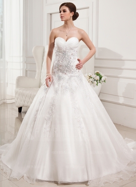 Duchesse-Linie Herzausschnitt Kapelle Schleppe Organza Satin Brautkleid mit Rüschen Spitze Perlen ve