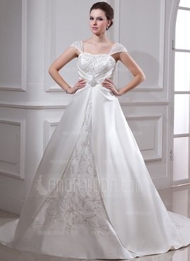 Duchesse-Linie Rechteckiger Ausschnitt Gericht Schleppe Organza Satin Brautkleid mit Bestickt Rüsche