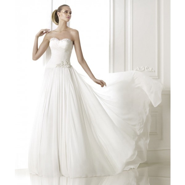 Elegant A-line Sweetheart Beading Feathers/Fur Ruching Sweep/Brush Train Chiffon Wedding Dresses - Image 2