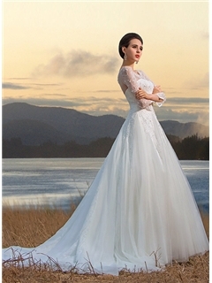 Elegant Half Sleeves Off-The-Shoulder Lace Flower Wedding Dress