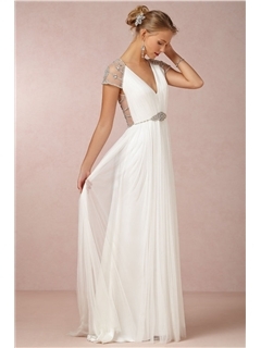 Elegant Off-The-Shoulder V-Neck Lace-Up A-Line Floor Length Evening Dress