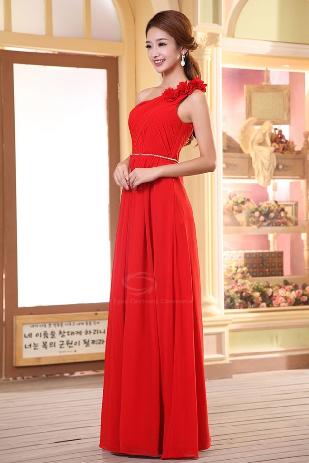 Elegant One-Shoulder Rhinestone and Handmade Flower Embellished Zipper Up Evening Dress