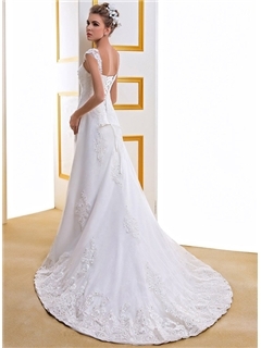 Elegant Tiered Lace Strpas Chapel Train Beading Wedding Dress