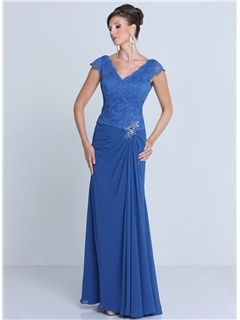 Elegant V-Neck Cap Sleeves Lace Mother of the Bride Dress