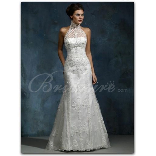 Embroidery A-line Strapless Sleeveless Chapel Train Satin Lace Wedding Dress