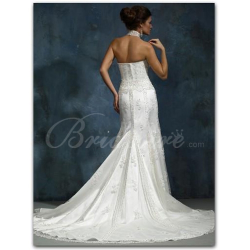 Embroidery A-line Strapless Sleeveless Chapel Train Satin Lace Wedding Dress - Image 2