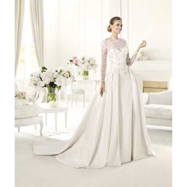 Empire A-line High Neck Lace Long Sleeves Satin Wedding Dresses - Image 2