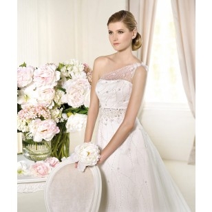 Empire A-line One Shoulder Beading Brush Train Wedding Dresses