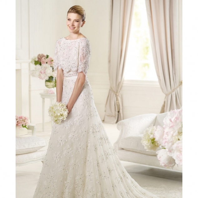 Empire A-line Scoop Sleeves Lace Wedding Dresses