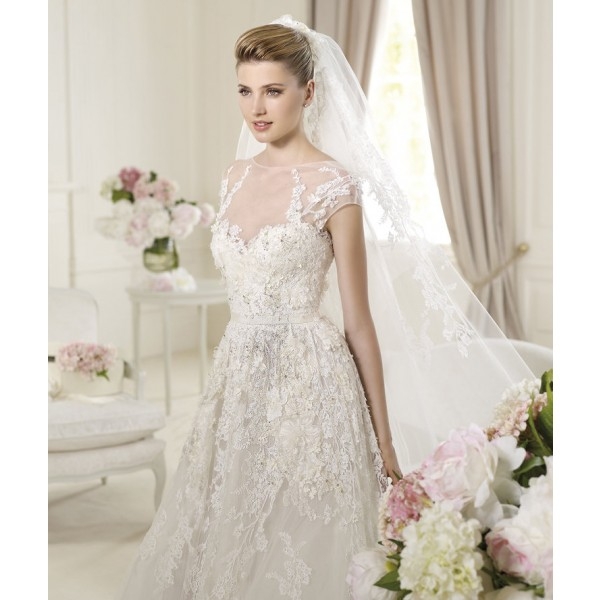 Empire A-line Spaghetti Straps Short Sleeves Lace Wedding Dresse