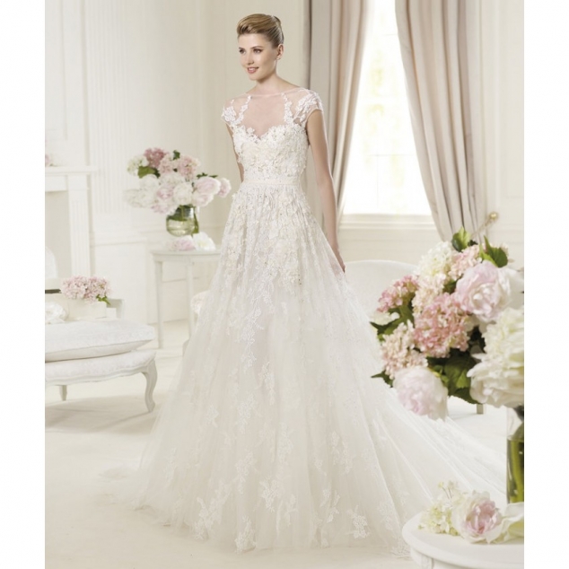 Empire A-line Spaghetti Straps Short Sleeves Lace Wedding Dresses - Image 2