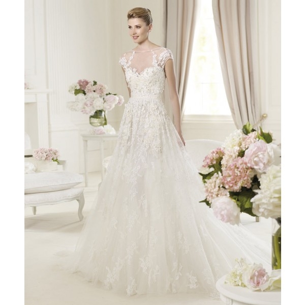 Empire A-line Spaghetti Straps Short Sleeves Lace Wedding Dresses