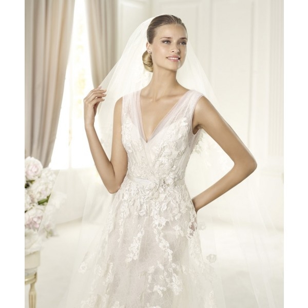 Empire A-line Spaghetti Straps V-neck Short Sleeves Lace Tulle Wedding Dresses