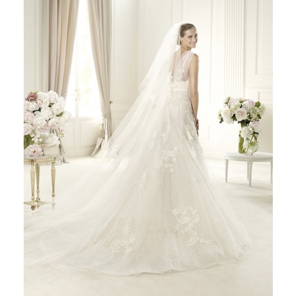 Empire A-line Spaghetti Straps V-neck Short Sleeves Lace Tulle Wedding Dresses - Image 2