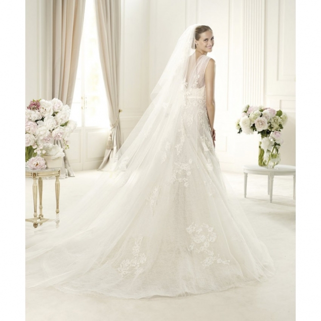 Empire A-line Spaghetti Straps V-neck Short Sleeves Lace Tulle Wedding Dresses